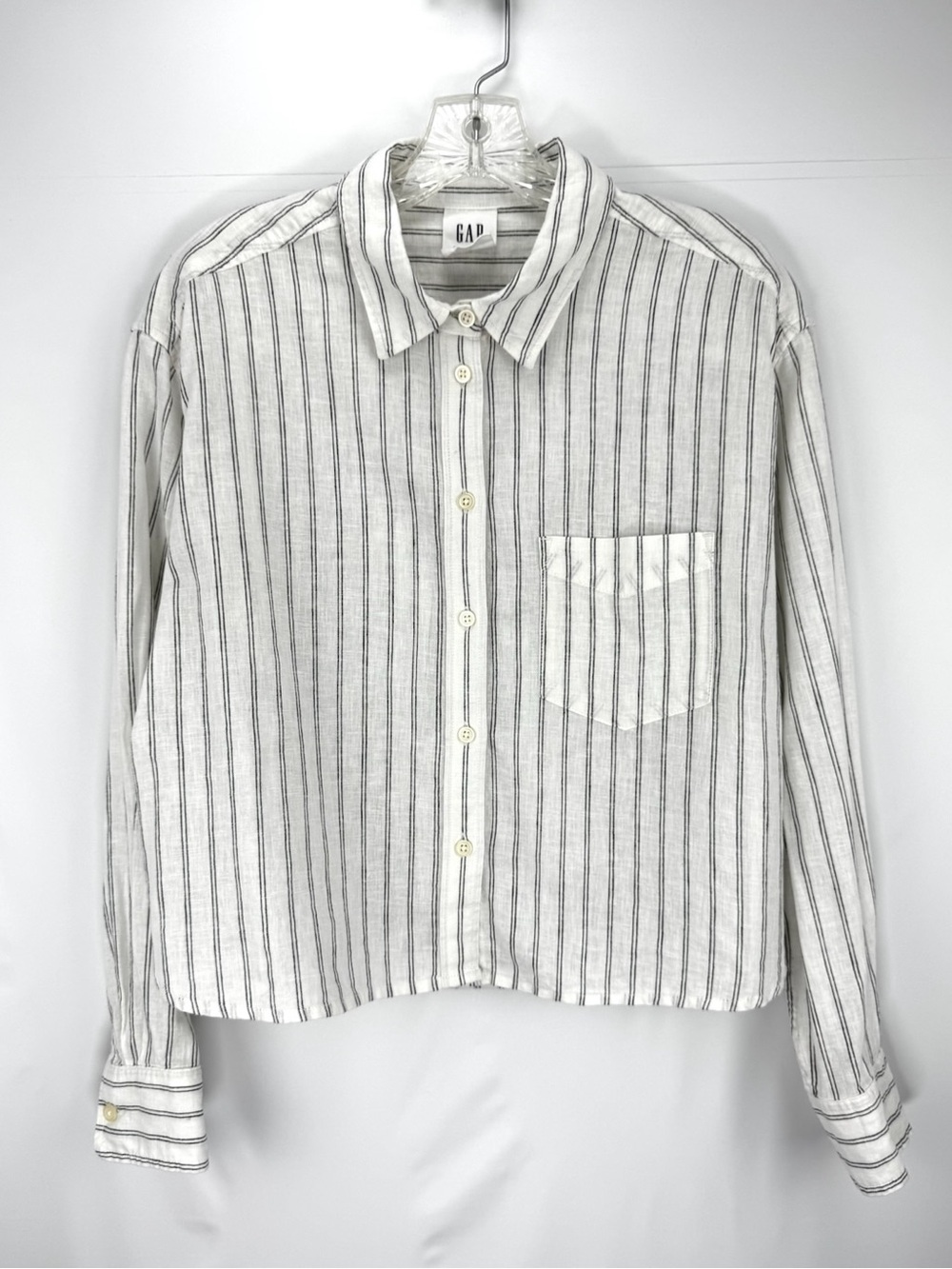 GAP Linen & Cotton Relaxed Cropped Long Sleeve White Shirt - Black Striped